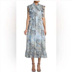 Robert Rodriguez Blue Floral Ruffle Midi Dress